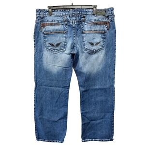 ROBIN'S JEANS R POCKET 42 (44W×31L) STRAIGHT RHINESTONE BLING Y2K Blue Denim